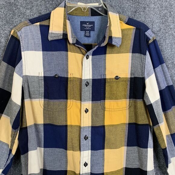 American Eagle Outfitters Button Up Shirt Men M Block Plaid Navy Gold Classic - Picture 2 of 15